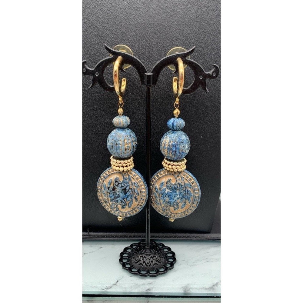 Gold and Blue Drop Earrings with Ceramic Medallions